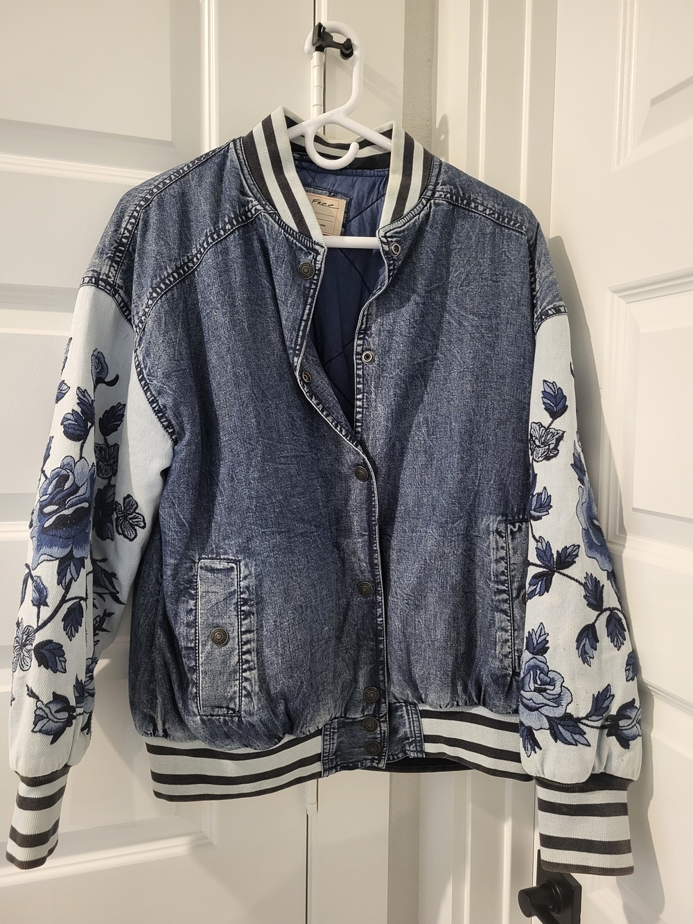 Free People Blue Embroidered Oversized Denim Bomber Jacket